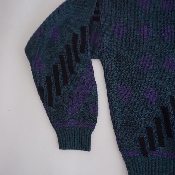 VTG 80s Le Tigre Made in USA Geometric Knit Sweater — Teal Purple Black — Size L - Picture 7 of 10